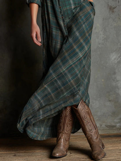 Vestido largo a cuadros verdes para mujer, elegante y ligero para otoño