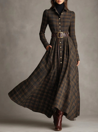Maria | Vestido Camisa Largo con Estampado de Cuadros para Mujer de Campo