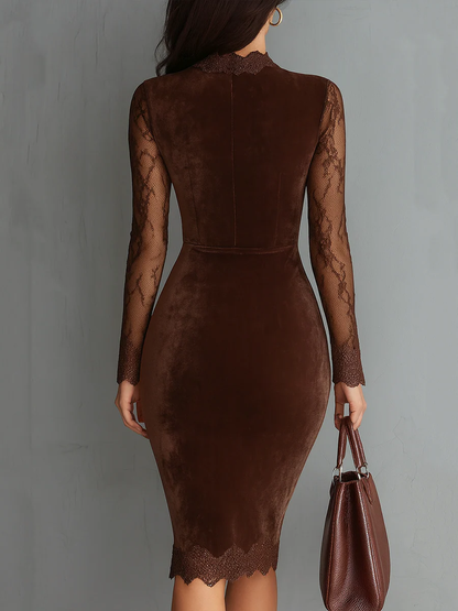 Mini vestido vintage para mujer en terciopelo marrón con escote en forma de ojo de cerradura y mangas de encaje