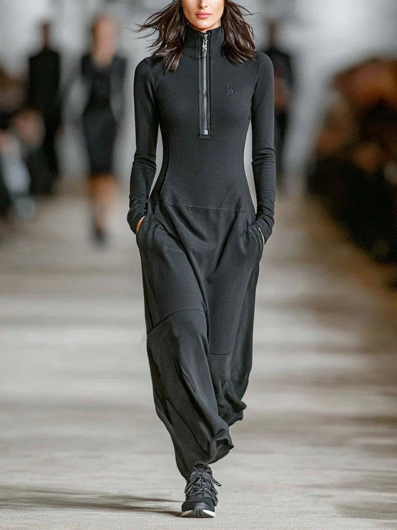 Vestido largo negro para mujer con cuello alto, cremallera frontal y corte holgado, cómodo y moderno