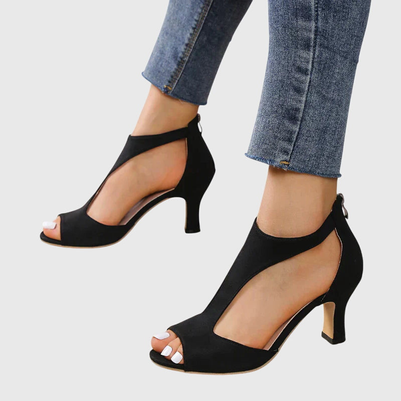Sandalias de tacón ortopédico con punta abierta, correa en el tobillo y plantilla ergonómica para mujer