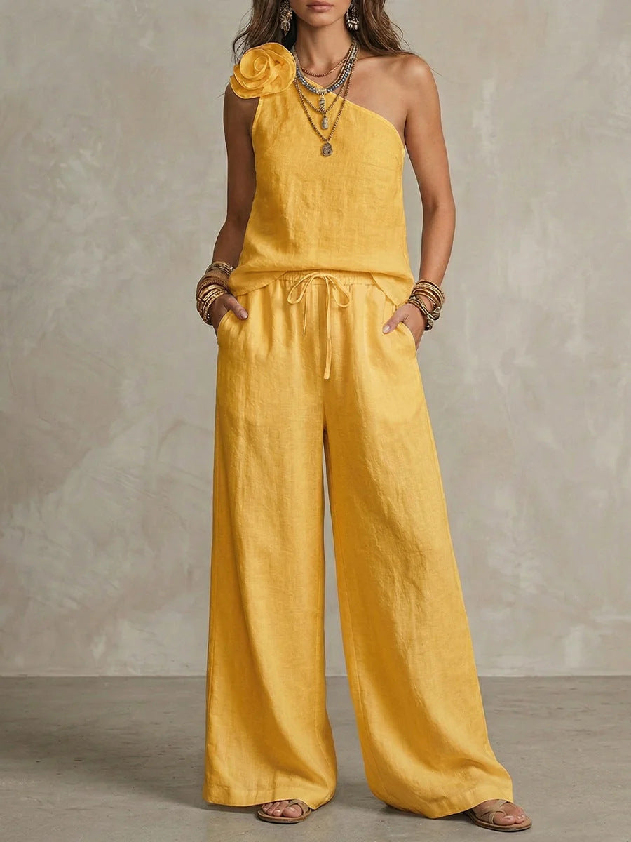 Dual | Conjunto Bicolor Elegante con Camisa Sin Mangas y Pantalones Anchos