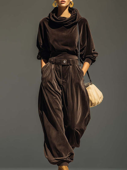 Conjunto vintage de terciopelo marrón para mujer con sudadera con capucha y pantalón holgado, suave, cómodo y elegante