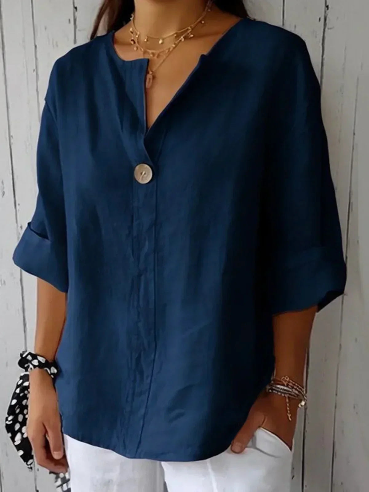 Blusa casual con escote en V para mujer, ligera y versátil para diario