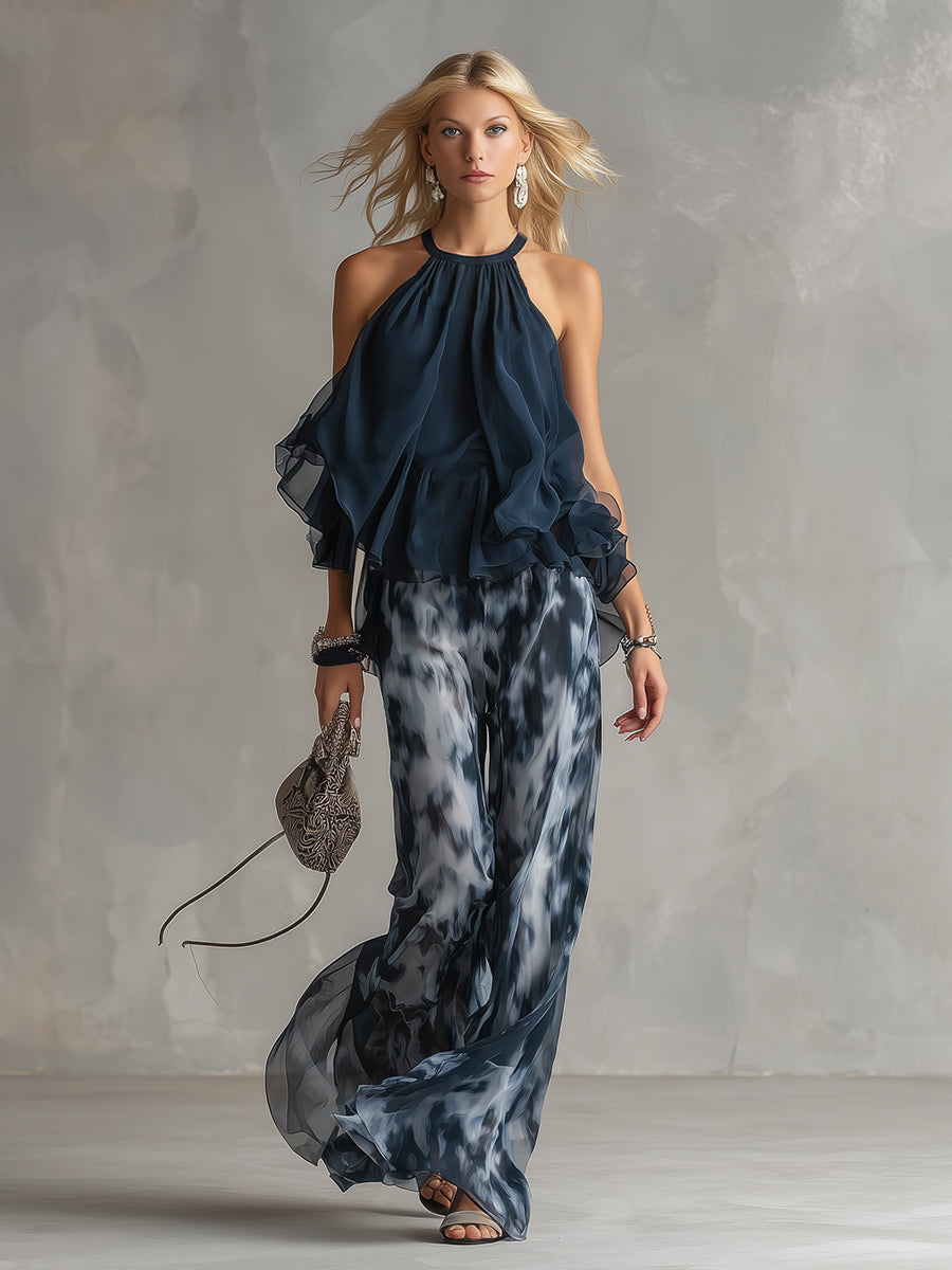 Conjunto de gasa elegante con top de cuello alto para mujer - fresco y elegante