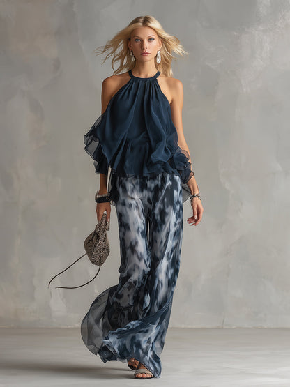 Conjunto de gasa elegante con top de cuello alto para mujer - fresco y elegante