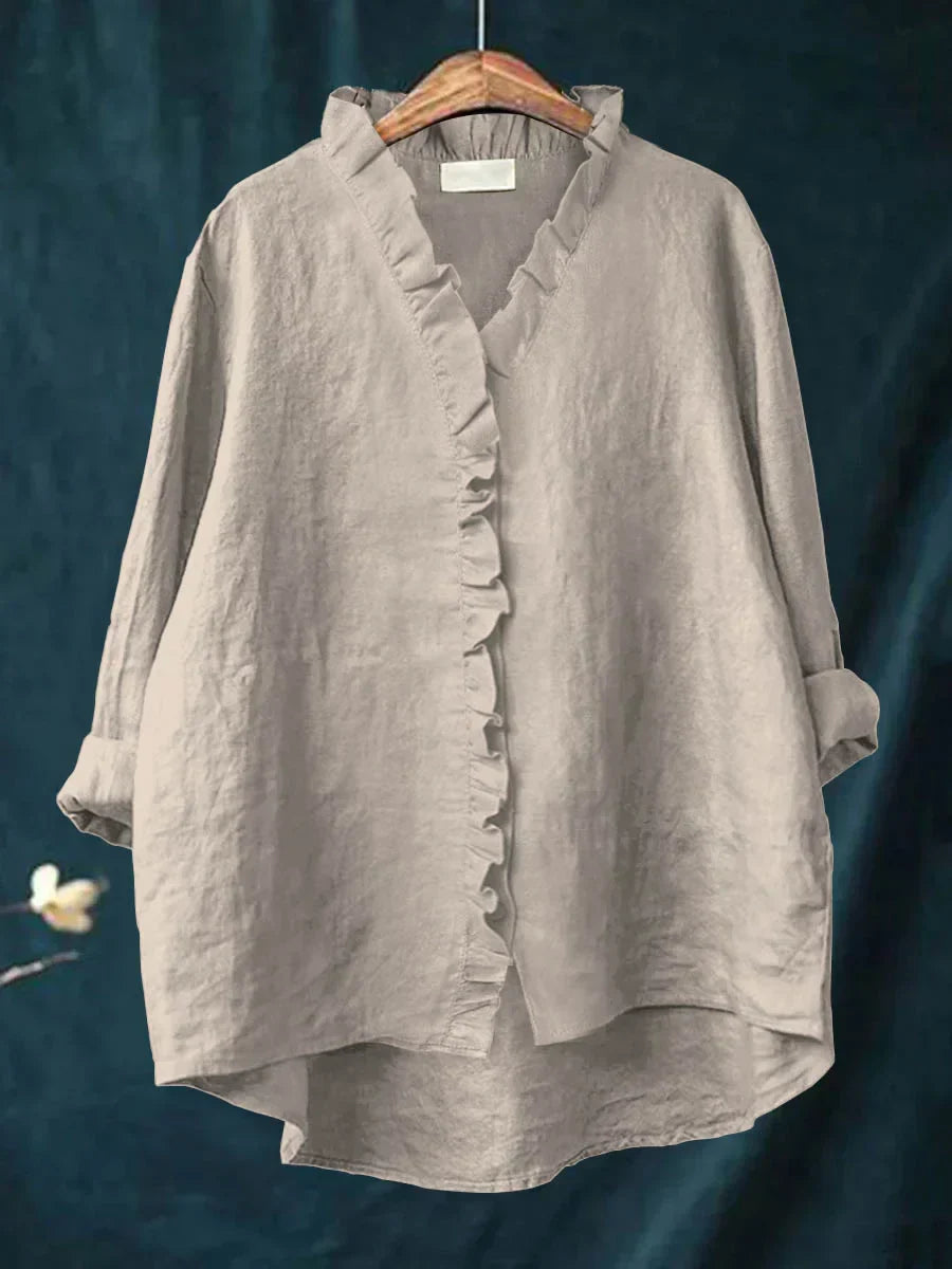 Camisa femenina con volantes de algodón y lino con diseño fluido para mujer, ligera y chic para verano