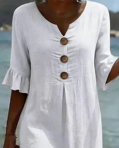 Vestido con Textura de Lino y Manga Abullonada | Estilo Elegante