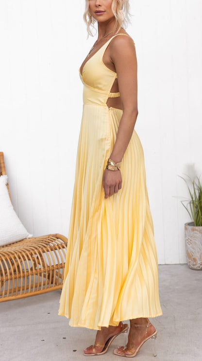 Vestido maxi plisado amarillo con escote en V para mujer, ligero y elegante para verano