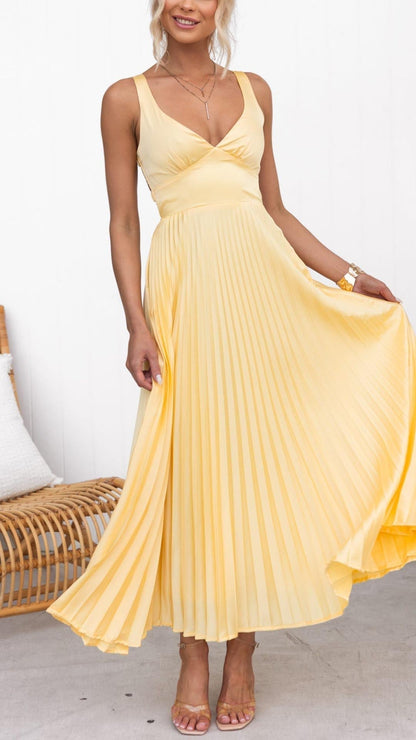 Vestido maxi plisado amarillo con escote en V para mujer, ligero y elegante para verano