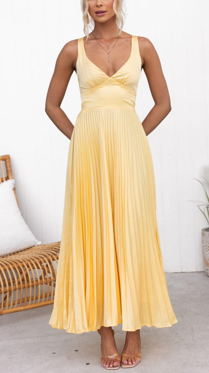Vestido maxi plisado amarillo con escote en V para mujer, ligero y elegante para verano