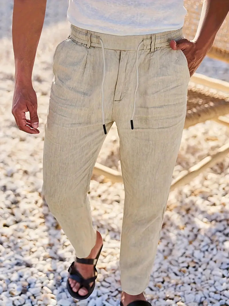 Pantalones anchos de lino con cordón para mujer, ligeros y transpirables para verano o viaje
