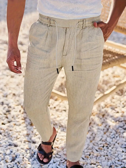 Pantalones anchos de lino con cordón para mujer, ligeros y transpirables para verano o viaje