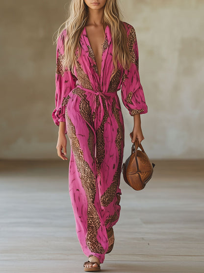 Allegra | Women's Leopard Print Long Sleeve Jumpsuit - Pink - Image 6