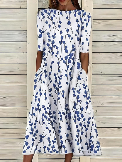 Vestido midi veraniego con flores costeras y cuello redondo para mujer, ligero y elegante