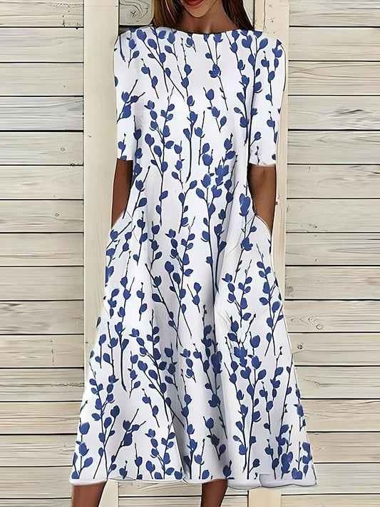 Vestido midi veraniego con flores costeras y cuello redondo para mujer, ligero y elegante