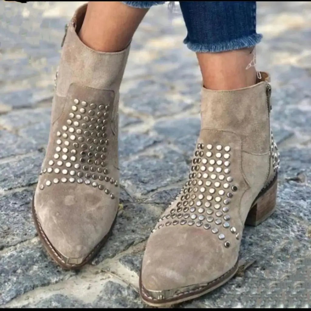 Ankle Boots Studded Pointed Toe Side Zip Chunky Heel