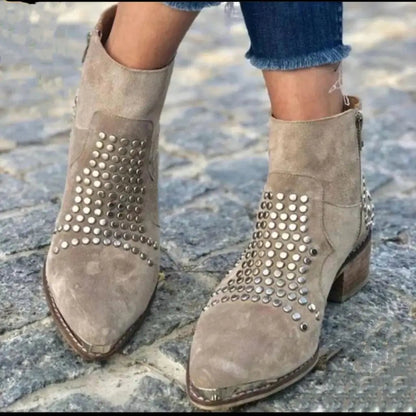 Ankle Boots Studded Pointed Toe Side Zip Chunky Heel