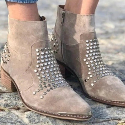 Botas de Tobillo con Tachuelas Puntera Afilada Cremallera Tacón Recto