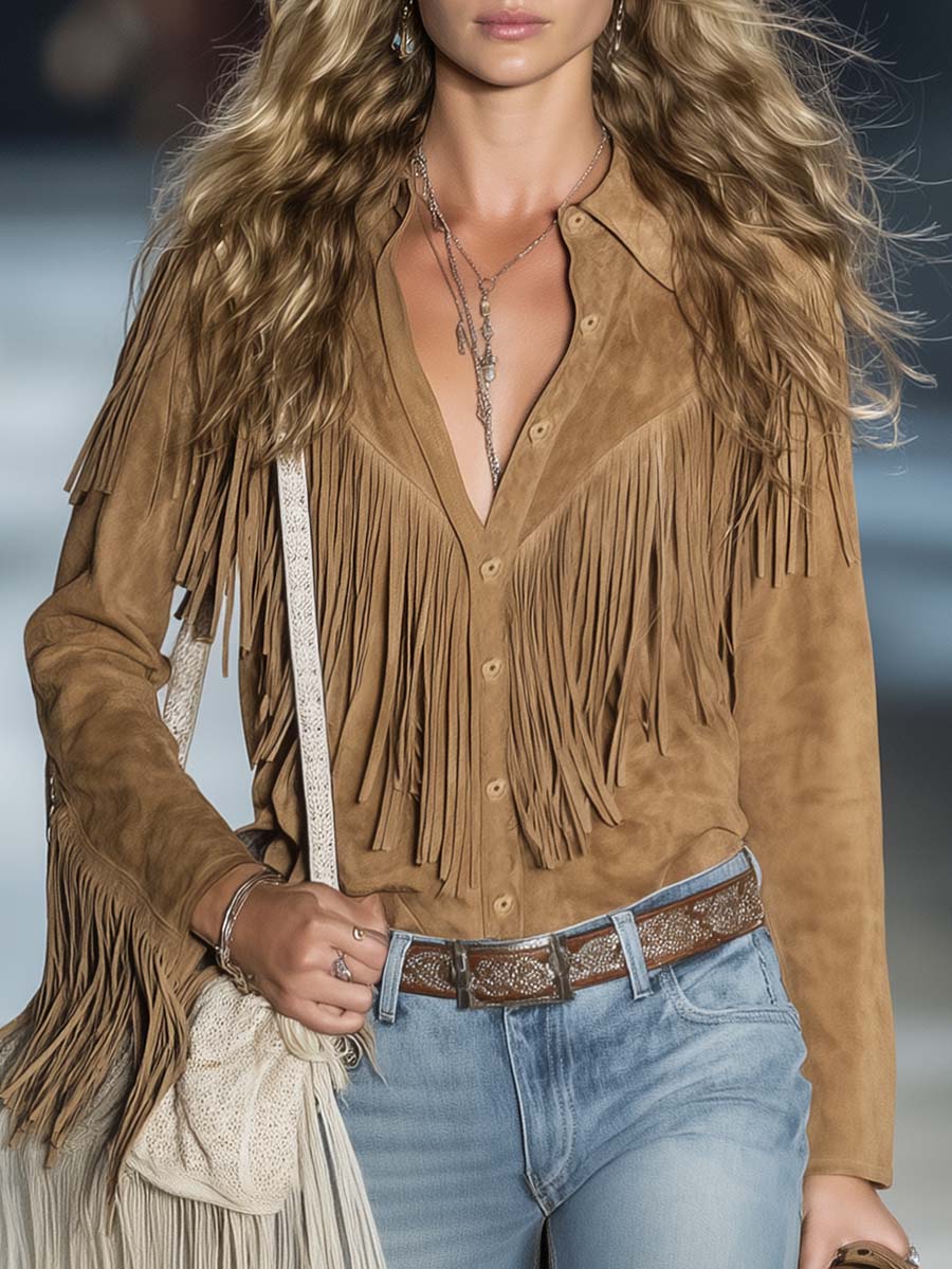 Aspen | Women's Fringe Western Long Sleeve Shirt - Brown - Image 5