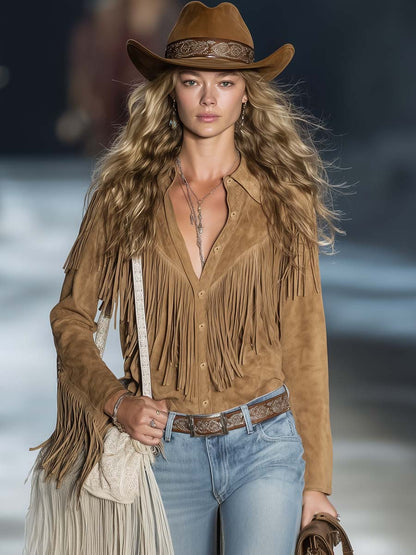 Camisa Western Franja Manga Larga Marrón Claro Algodón