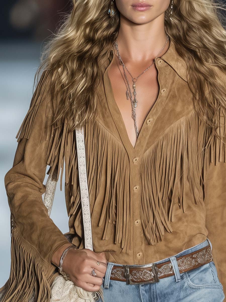 Camisa Western Franja Manga Larga Marrón Claro Algodón