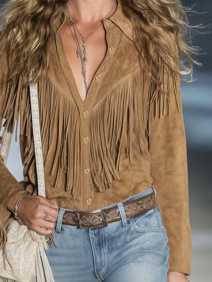 Camisa Western Franja Manga Larga Marrón Claro Algodón