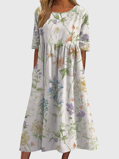Vestido favorecedor con estampado floral, mangas tres cuartos y falda fluida para mujer, ligero y elegante para primavera o verano
