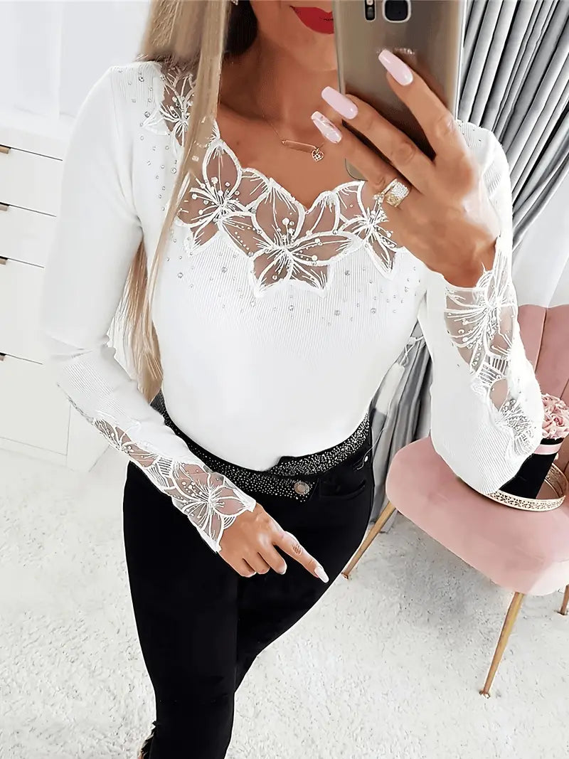 Elegante blusa con cuello en V y detalles de encaje para mujer, chic y cómoda
