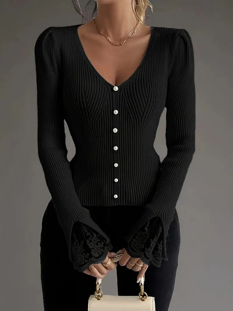 Blusa de mujer con cuello en V y mangas de encaje, elegante y cómoda