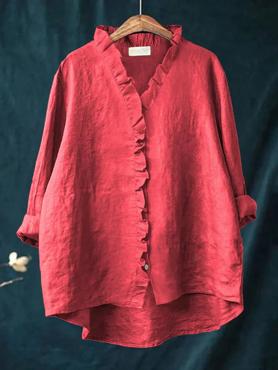 Camisa femenina con volantes de algodón y lino con diseño fluido para mujer, ligera y chic para verano