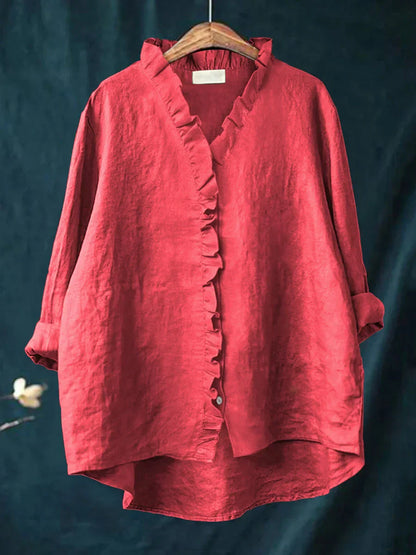 Camisa femenina con volantes de algodón y lino con diseño fluido para mujer, ligera y chic para verano