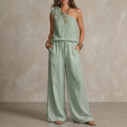 Dual | Conjunto Bicolor Elegante con Camisa Sin Mangas y Pantalones Anchos