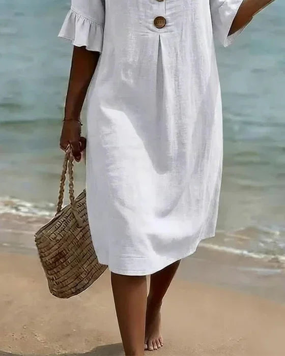 Vestido con Textura de Lino y Manga Abullonada | Estilo Elegante