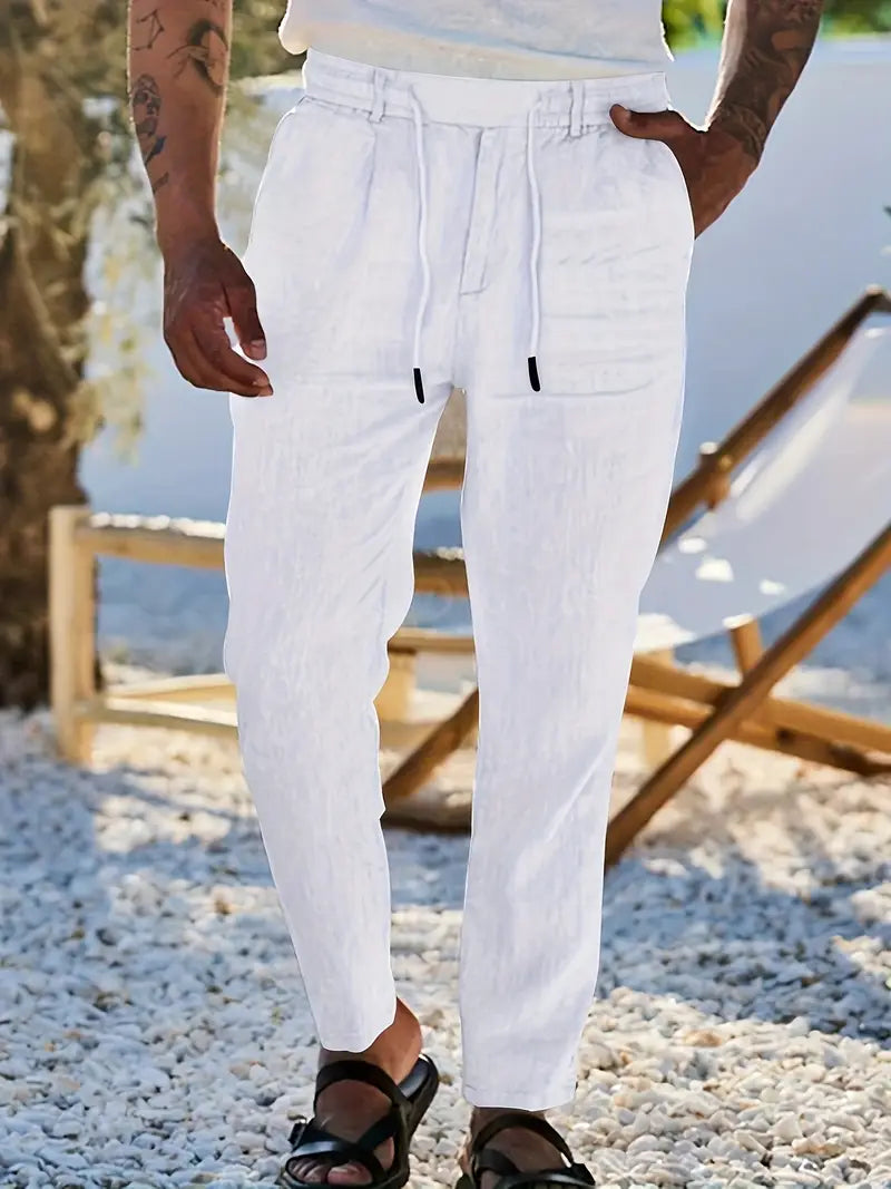 Pantalones anchos de lino con cordón para hombre - fresco y elegante