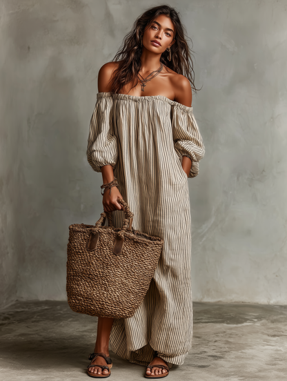 Vestido Largo Fluido con Hombros Descubiertos | Estilo Bohemio