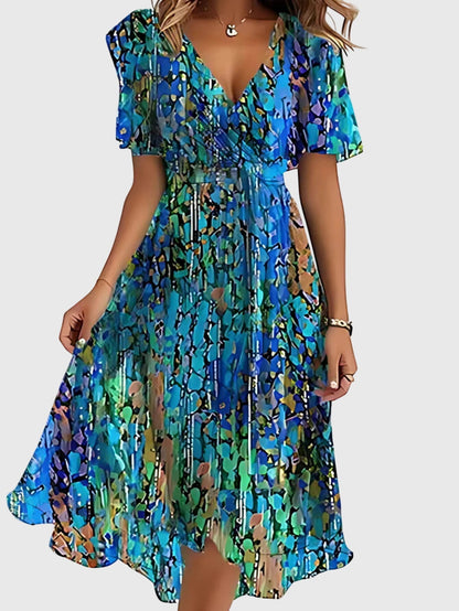 Vestido de verano con escote en V cruzado, falda fluida y cintura que estiliza el abdomen para mujer, ligero y elegante para diario