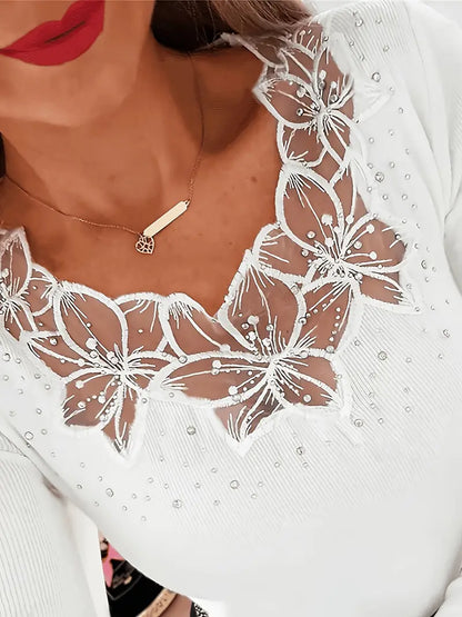 Elegante blusa con cuello en V y detalles de encaje para mujer, chic y cómoda