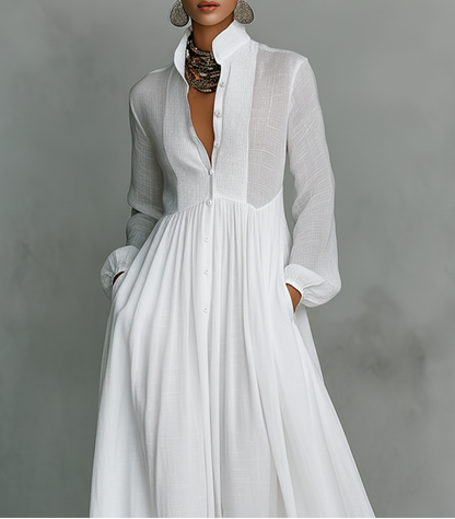 Vestido largo para mujer con elegante patchwork, cuello alto y mangas largas