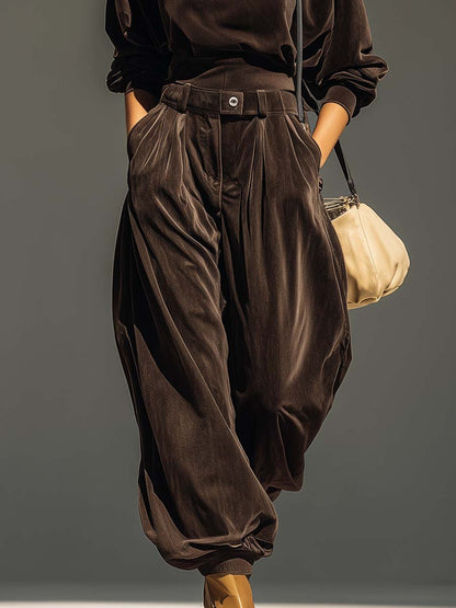 Conjunto vintage de terciopelo marrón para mujer con sudadera con capucha y pantalón holgado, suave, cómodo y elegante