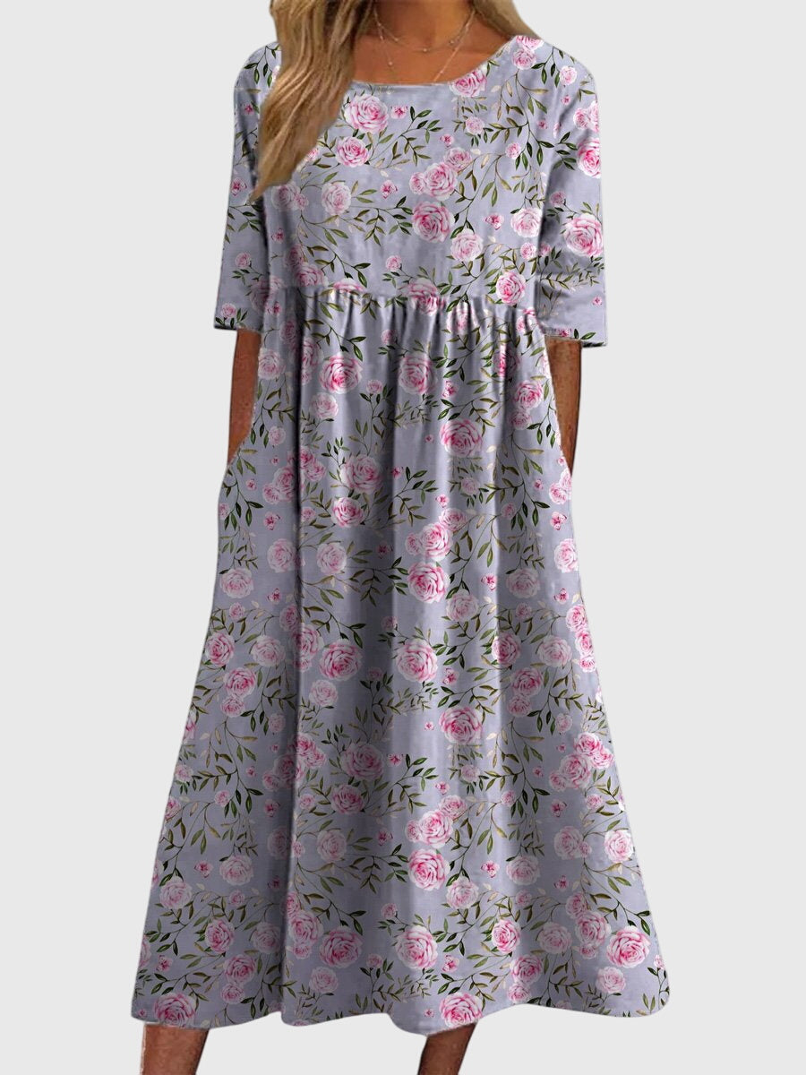 Vestido favorecedor con estampado floral, mangas tres cuartos y falda fluida para mujer, ligero y elegante para primavera o verano