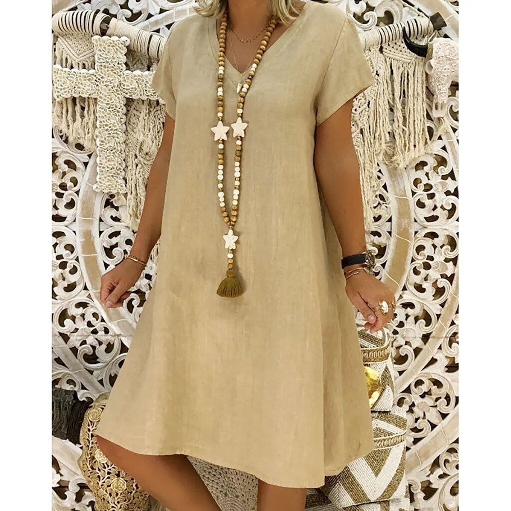 Beatrice | Women's V-Neck Short Sleeve Mini Dress - Beige - Image 8