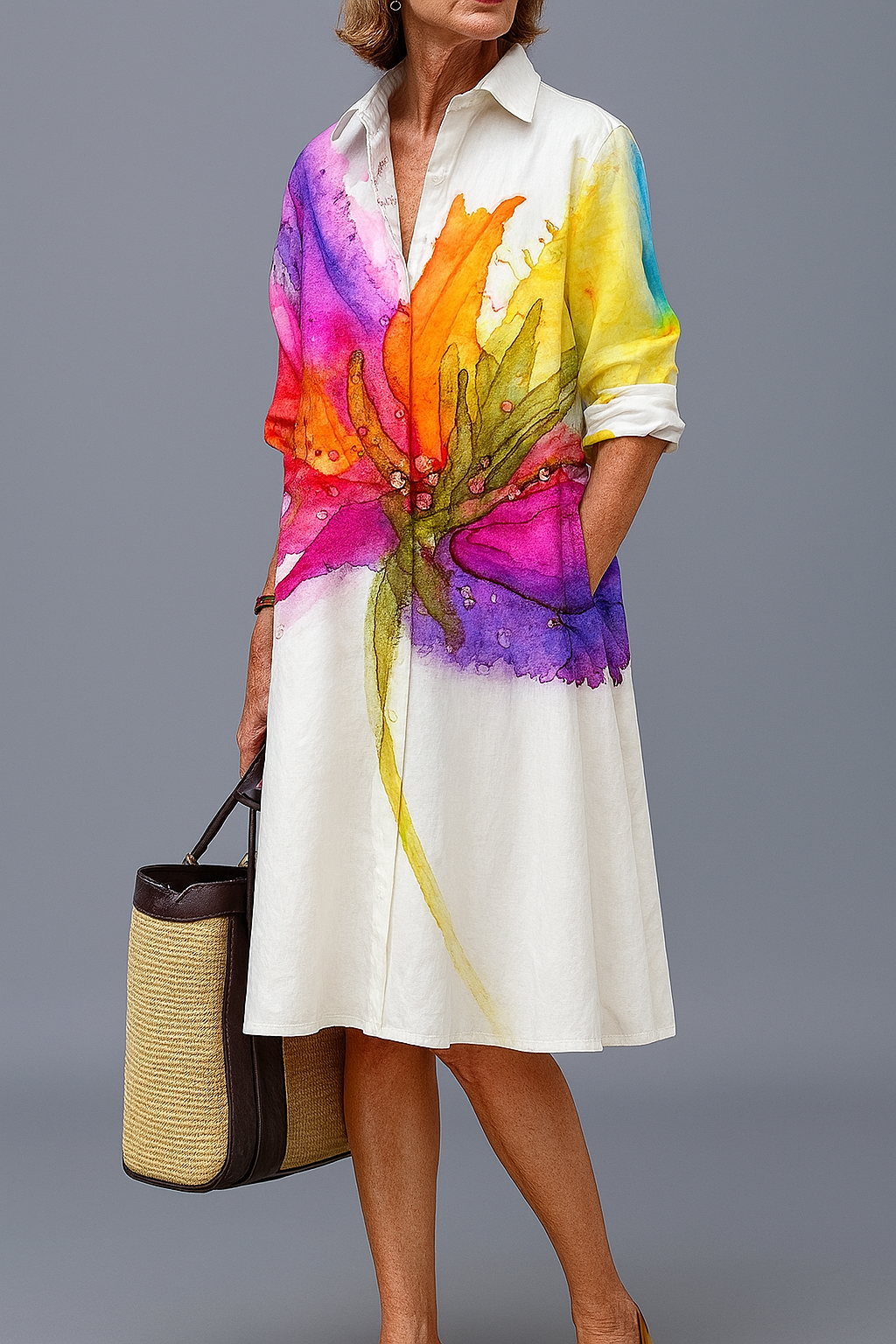 Hilde | Vestido Camisa Elegante con Estampado Acuarela para Mujer