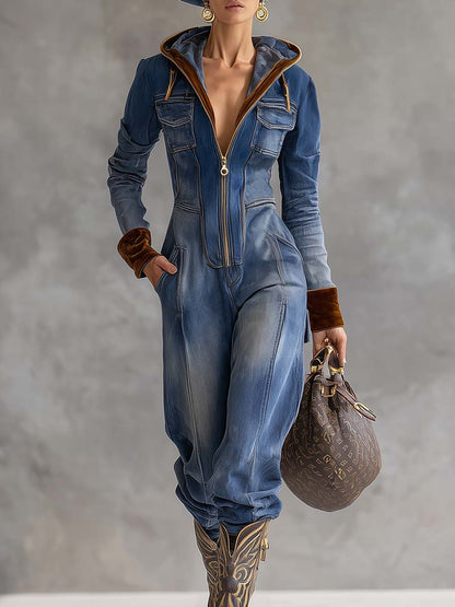 Brenna | Women's Hooded Zip Up Long Sleeve Jumpsuit - Blue - Image 5