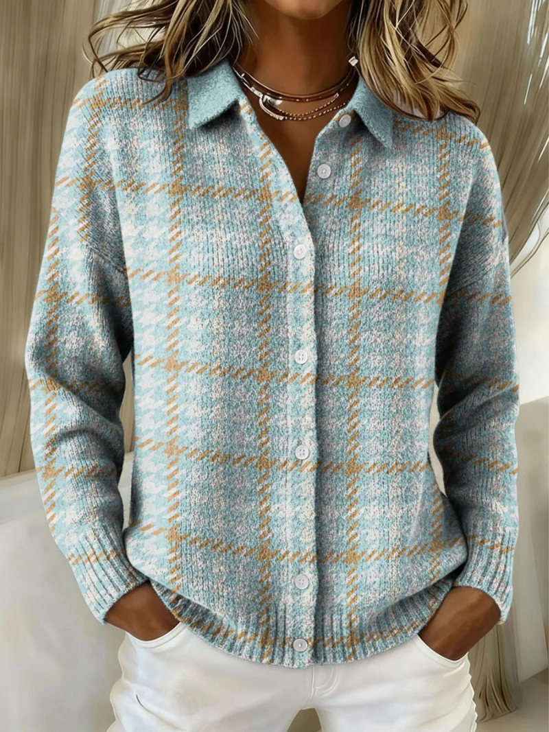 Briallen | Women's Plaid Collared Long Sleeve Cardigan - Light Blue - Image 1