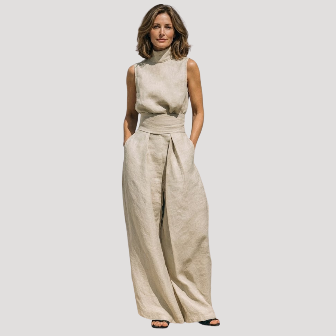 Briana | Women's Mock Neck Sleeveless Wide Leg Trouser Set - Beige - Image 5