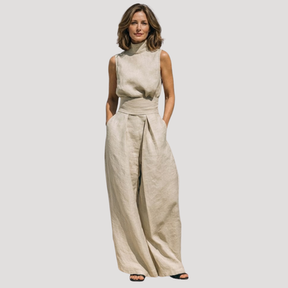 Briana | Women's Mock Neck Sleeveless Wide Leg Trouser Set - Beige - Image 5