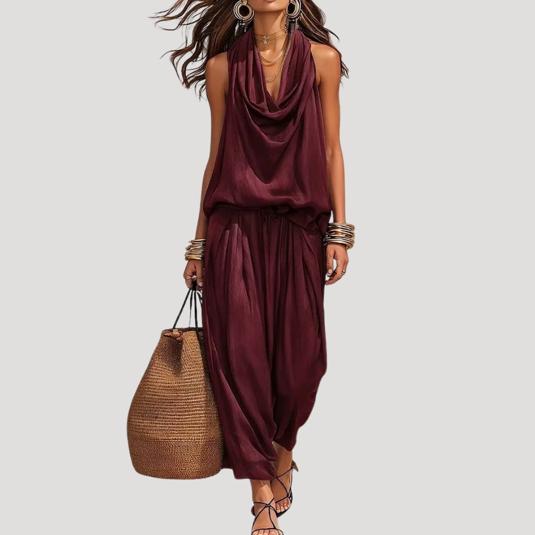 Brielle | Women's Cowl Neck Sleeveless Coordinated Set - Burgundy - Image 6
