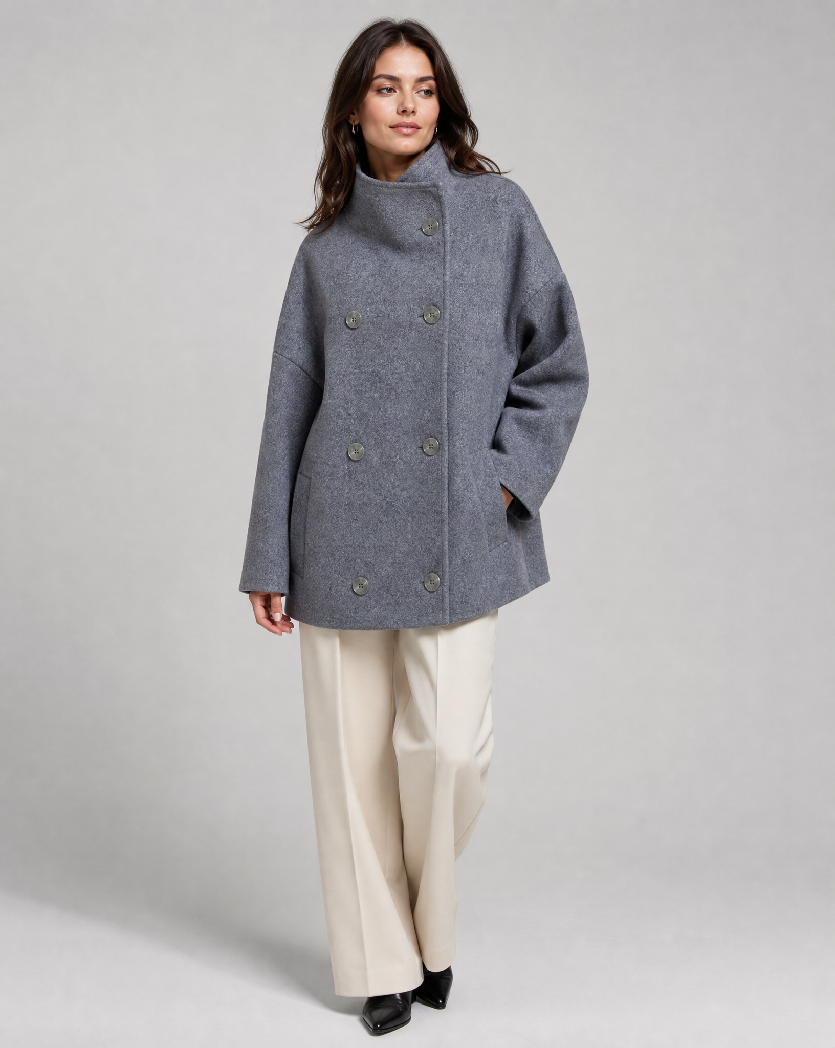 Bronte | Women's Double Breasted Stand Collar Coat - Grey - Image 8