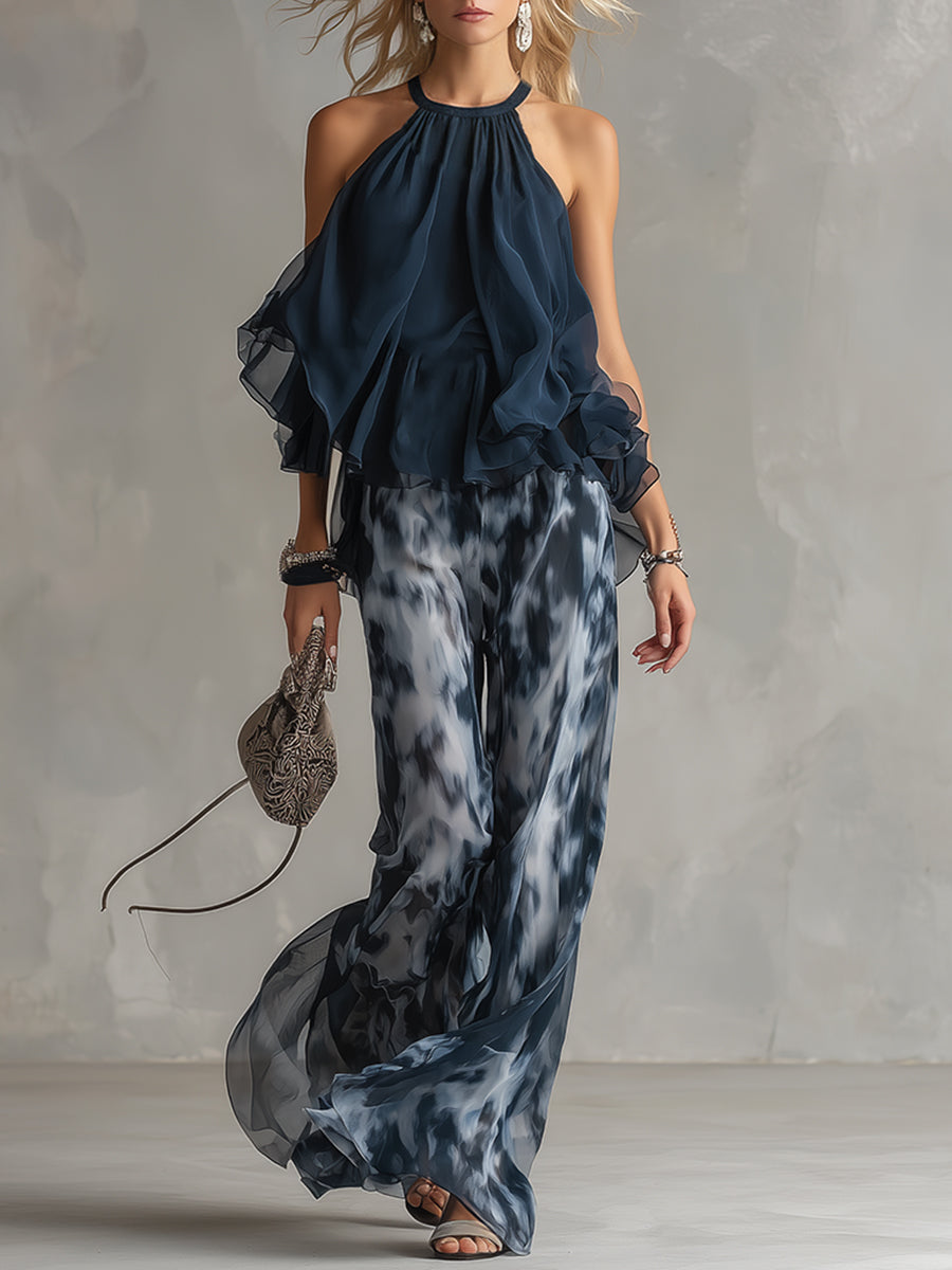 Conjunto de gasa elegante con top de cuello alto para mujer - fresco y elegante